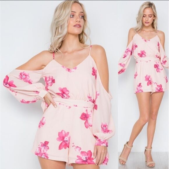 October Love Pink Floral Ladies Cold Shoulder Summer Shorts Romper Jumpsuit - Picture 1 of 11
